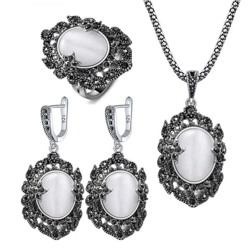 Ajojewel Fashion Opal Jewelry Set For Women Ladies Vintage Pendant Necklace Black Rhinestone Flower Earrings Ring 2023 New