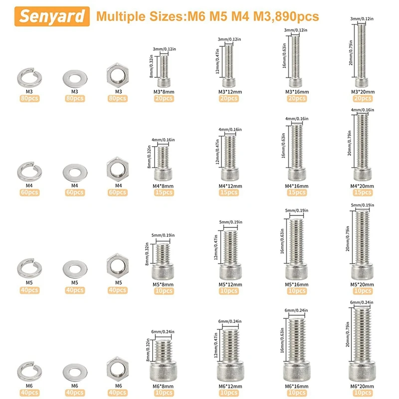 Assortimento di viti M3-M6 da 890 pezzi, viti a testa esagonale Assortimento di viti a testa esagonale Set di bulloni e dadi Kit bulloni in acciaio inossidabile