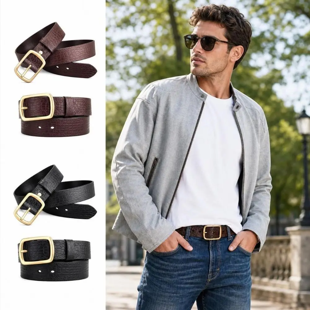 Embossed Texture Faux Leather Belt Alloy Pin Buckle Durable Stitching Pin Buckle Belt Adjustable Casual Dress Belt For Men