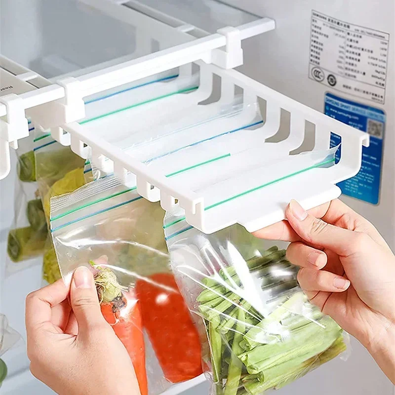Neue Haushalt Küche Teleskop Lagerung Rack Kühlschrank Hängende Lagerung Clip Multifu Gleitschiene Tablett Für Lebensmittel Tasche Zip-tasche