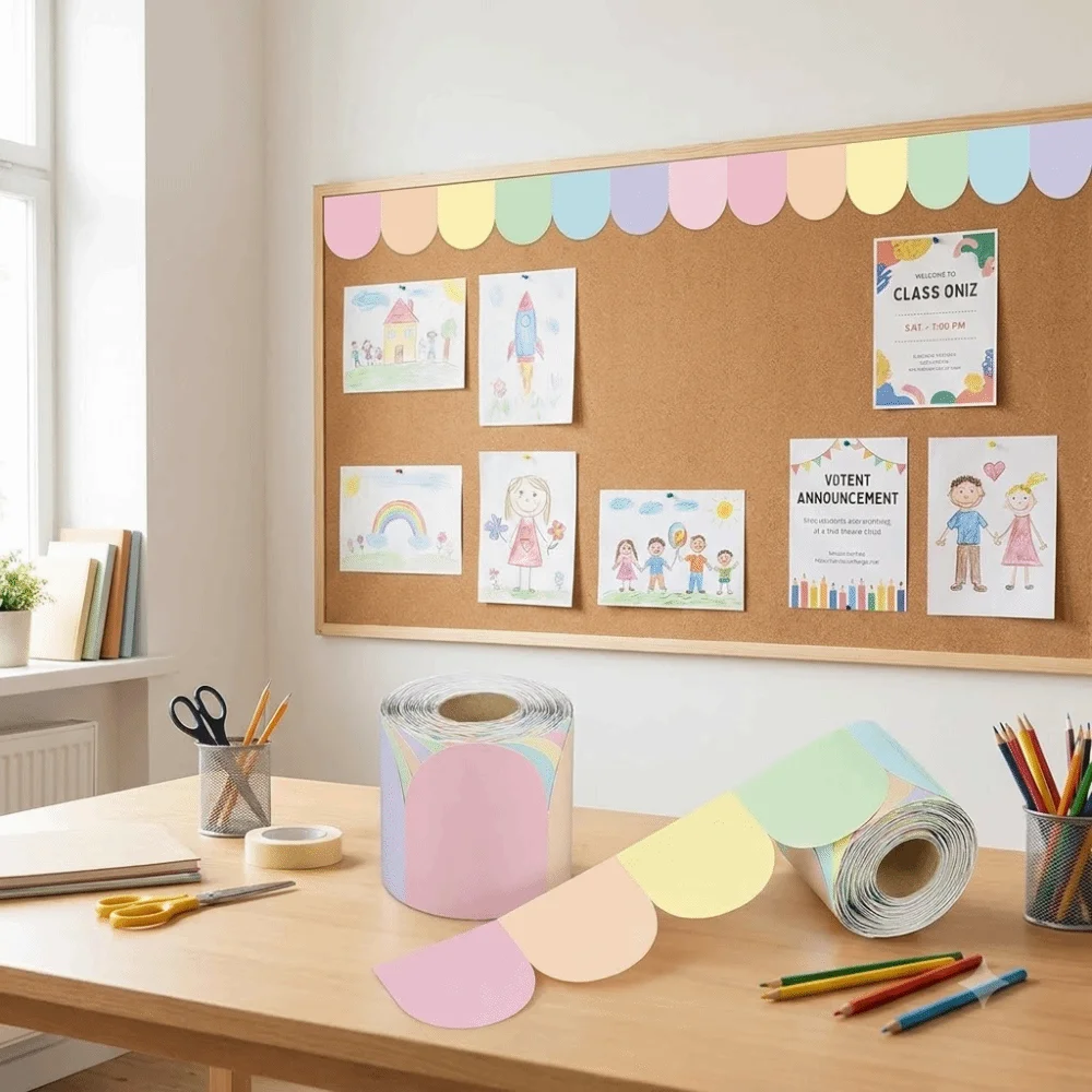 Self-Adhesive Blackboards Border 20.0 Meter Roll Colorful Wall Decorative Border Rainbow Pastel Scalloped Wall Trim Decals Home