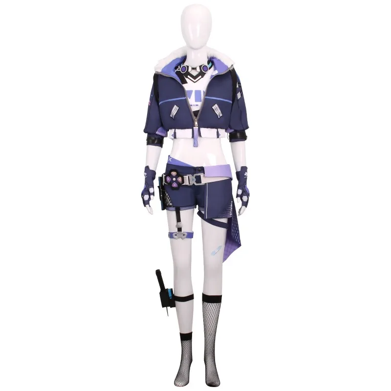 Silver Wolf Cosplay Costume Navy Purple White Cropped Jacket Shorts And Utility Leg Straps For Cosplay And Live Theater Events