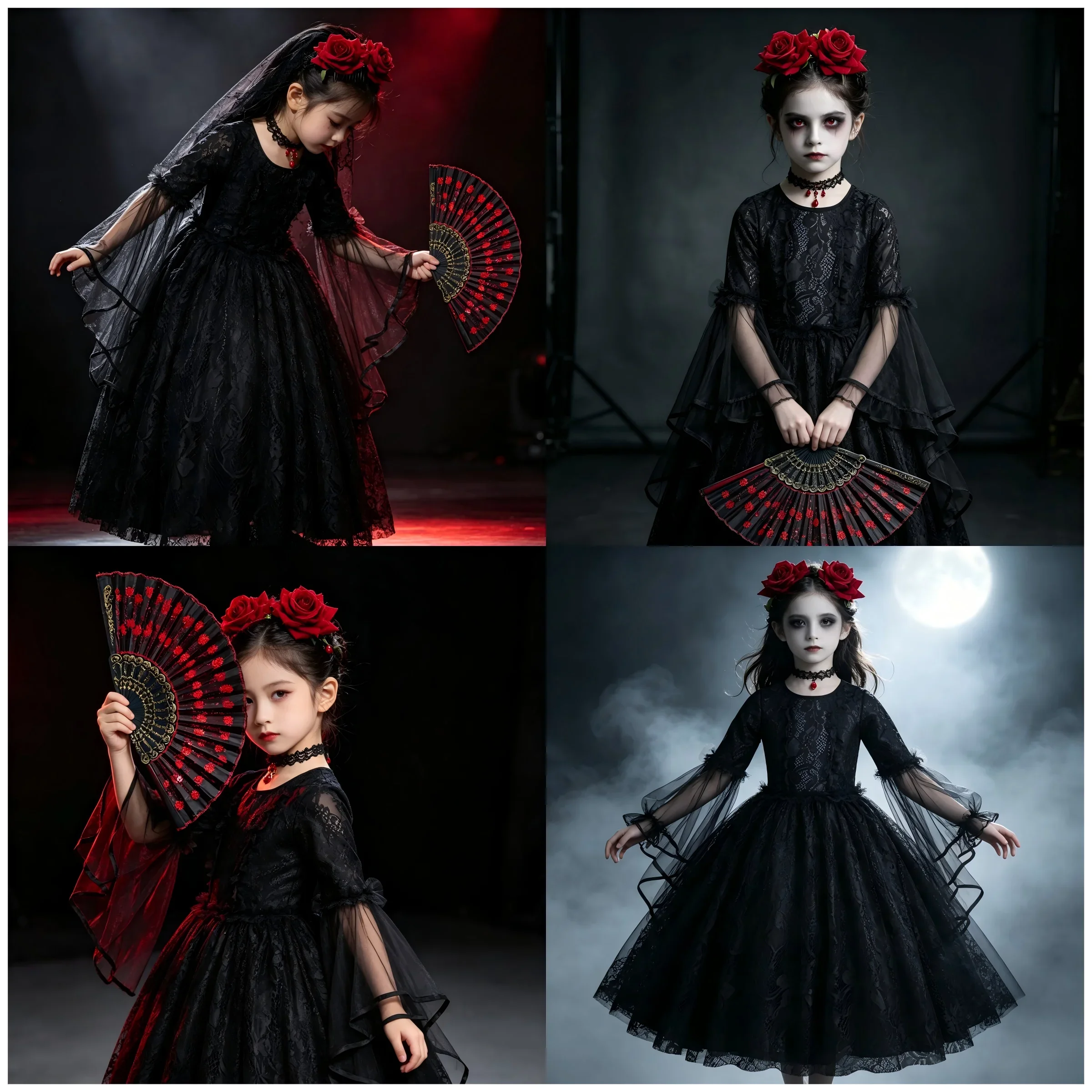 Kinder-Kostüm „Königliche Vampir-Königin“ Retro Schwarzes Kleid mit Rosen-Stickerei Mädchen Gothic-Kleid Halloween Straßenparade Bösewicht-Rollenspiel-Outfit – Detail 3