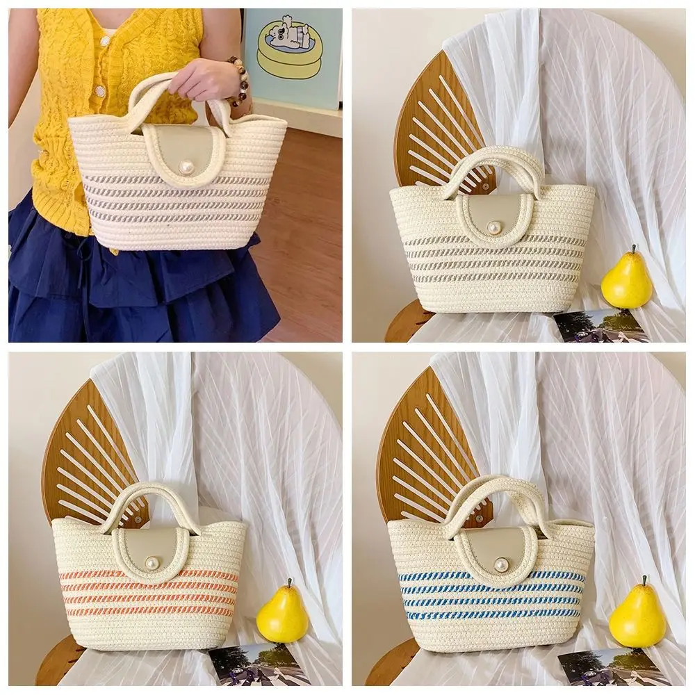 

Shoulder Bag Woven Tote Bag Korean Style Solid Color Stripe Tote Handbag Lightweight Large Capacity Summer Beach Bag Storage