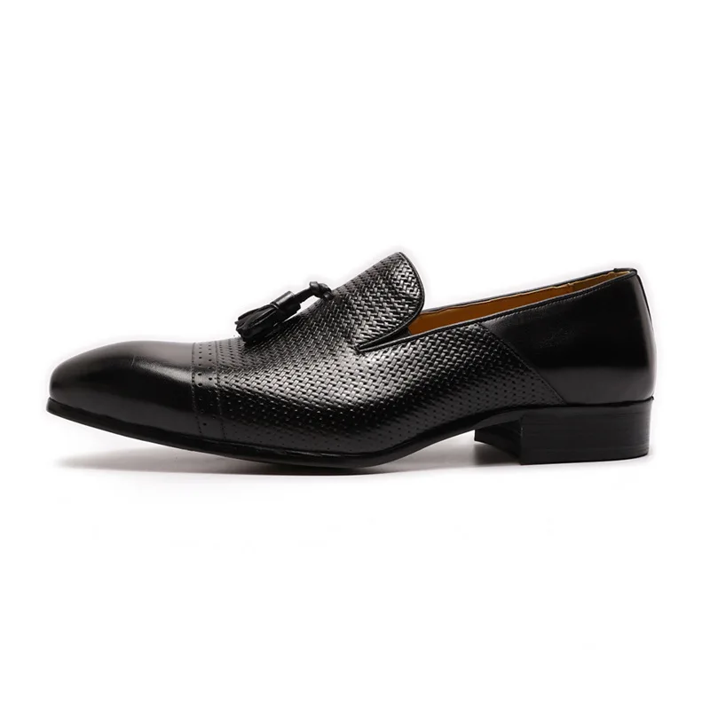 

Men's Genuine Leather Cap Toe Tassel Loafers Hand Woven Upper Perforated Low Block Heel Polished Burnished Footwear for Formal