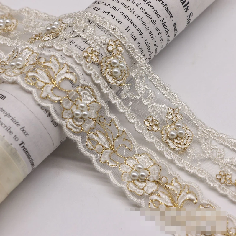 Ethnic Style Gold Thread Embroidery Lace with Beads, High-Light Pearl Trim, Handmade DIY Clothing Accessory for Ethnic Fashion