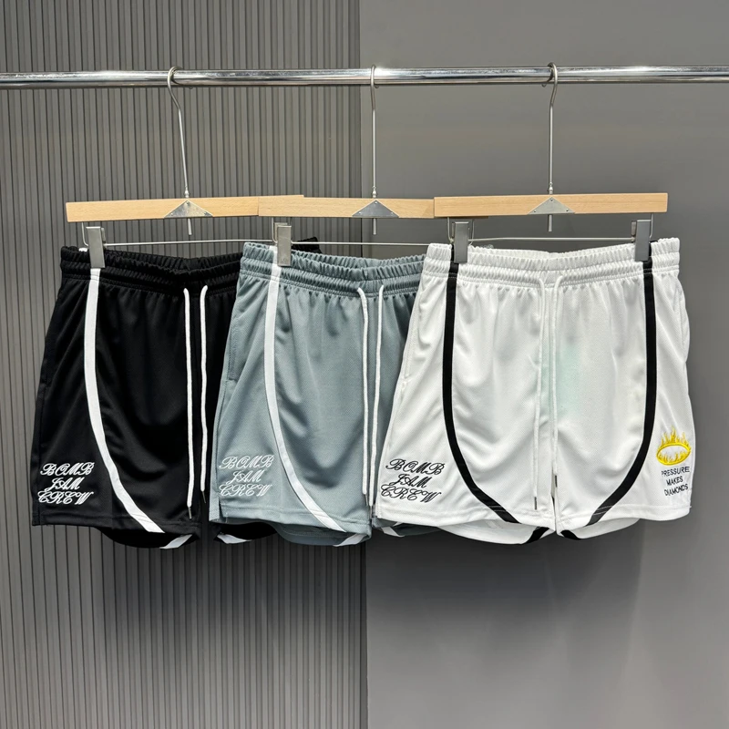 

Шорты для баскетбола с вышивкой в виде пламени и букв, с цветными полосками, сетчатые, быстросохнущие, свободные, дышащие, для мужчин и женщин