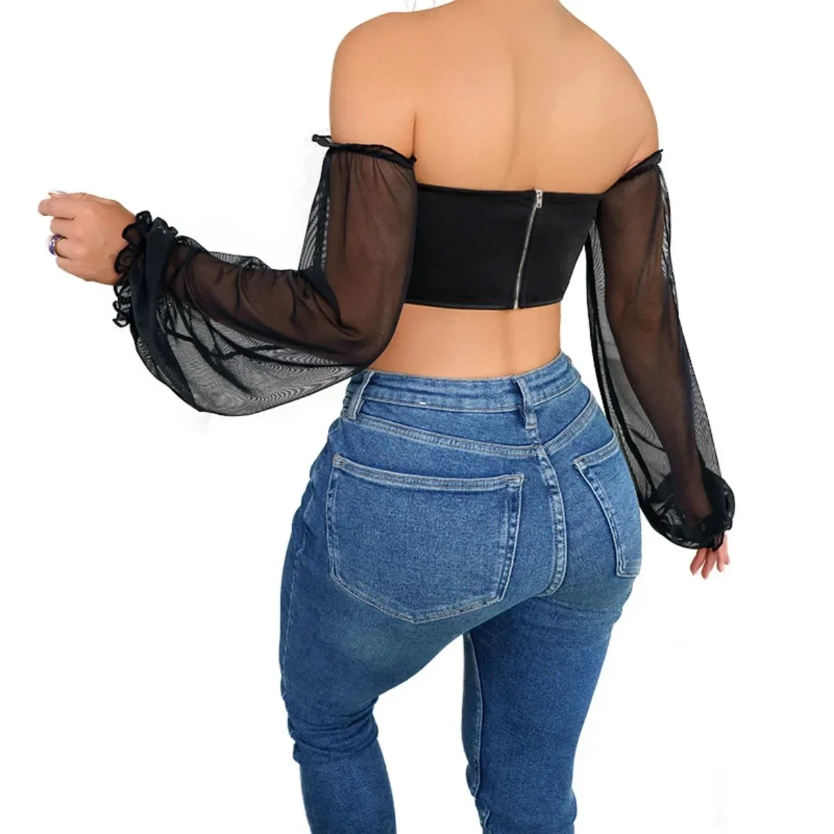 Trend Femme Bustiers Elegant Corset With Long Sleeves Women\'s Corselet Crop Top Sexy Mesh Y2k Girl Sleeveless Clothing Female