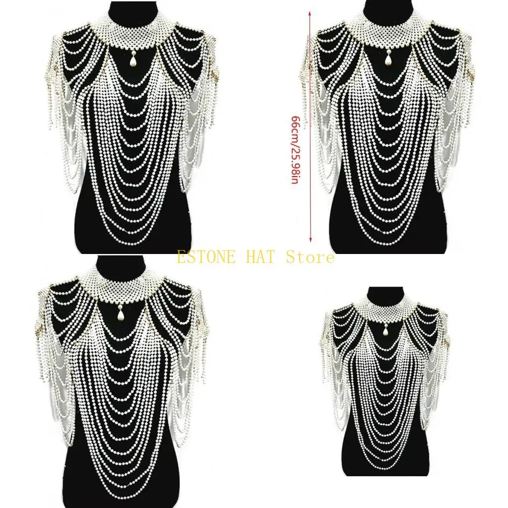 49MF Women Nightclub Imitation Pearl Body Statement Necklace Teardrop Pendant Beaded Collar Bib Layered Tassel Jewelry Shoulder