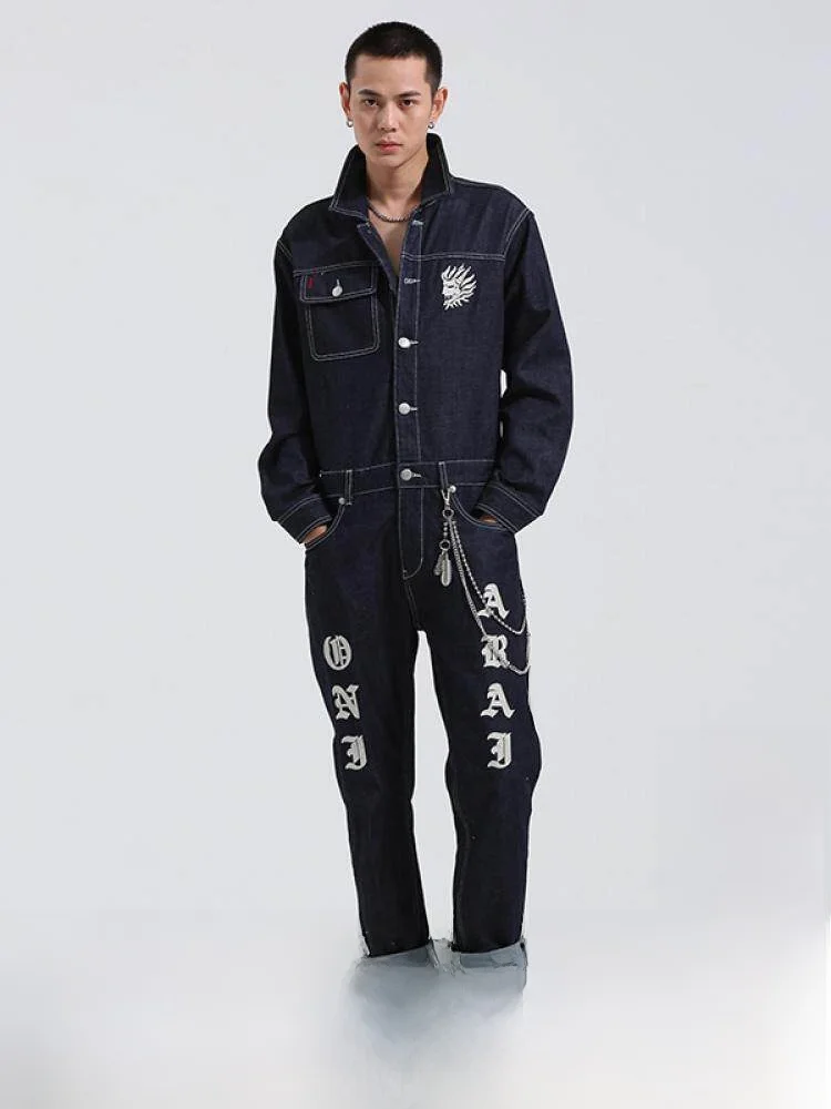 

Oniarai Men's Denim Overalls Embroidered Pattern New Winter Collection Stand Fit Cotton Material Zipper Closure 2B7405