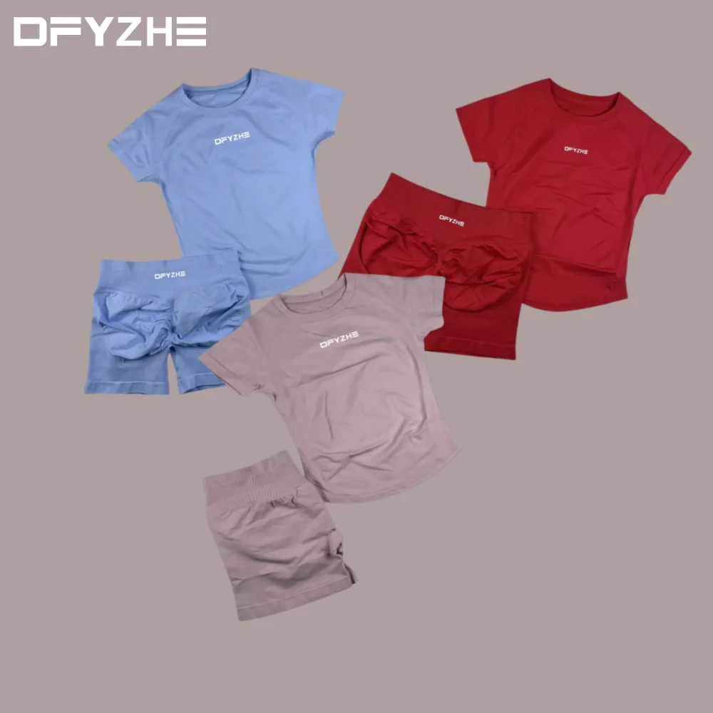 

Four Seasons DFYZHE Impact Sportswear Set Seamless Yoga T-shirt Top Fitness Running Training Shorts Bicycle Boxing Short Sleeves