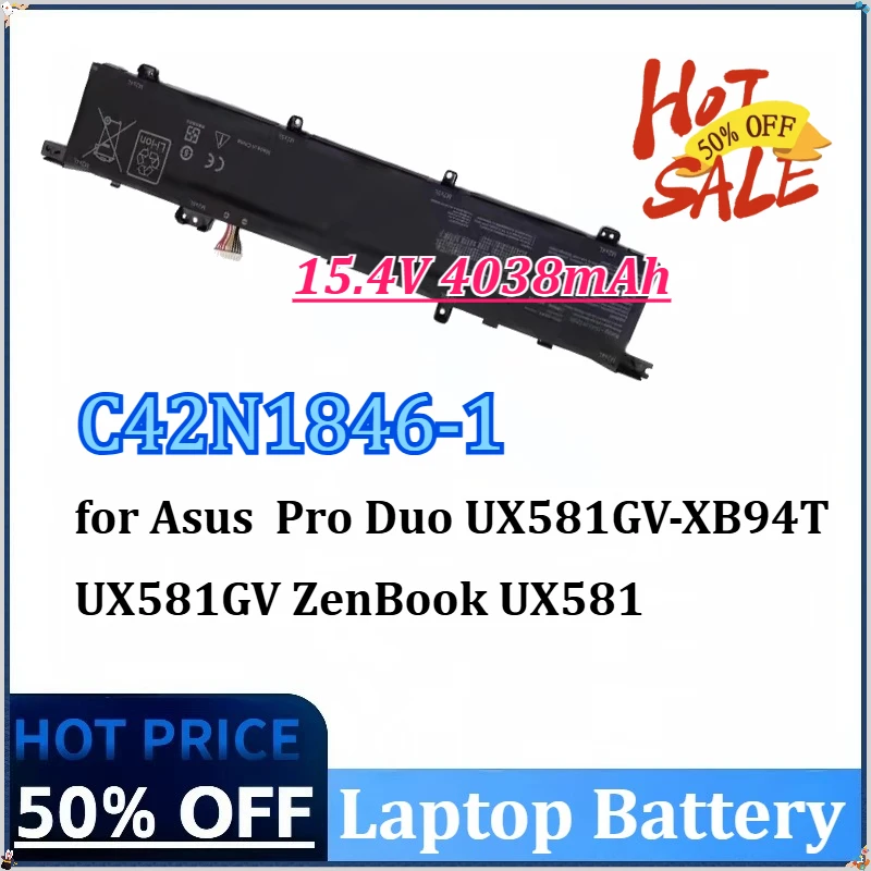 

New 15.4V 4038mAh C42N1846-1 62Wh C42N1846 Laptop Battery for Asus Pro Duo UX581GV-XB94T UX581 ZenBook UX581High-Capacity