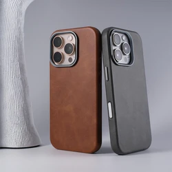 Retro Crazy Horse Leather Texture Magnetic Phone Case For iPhone 17 16 16pro max 15 14 Pro 13 Alloy Lens Wireless Charging Cover