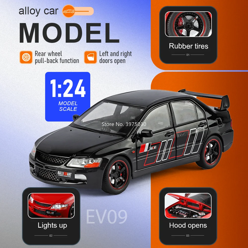 

1:24 Scale Mitsubishi EVO9 Models Cars Toys Alloy Diecast Wheels Turned Miniature Vehicle with Light Music Car Kids' Edutainment