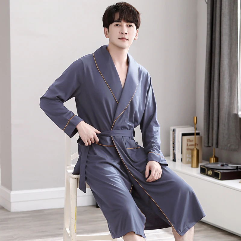 Mens Simple Long Robes Spring Autumn Long Sleeve Bathrobes Man Soft Modal Dressing Gown Breathable Kimono Bath Robe With Belt