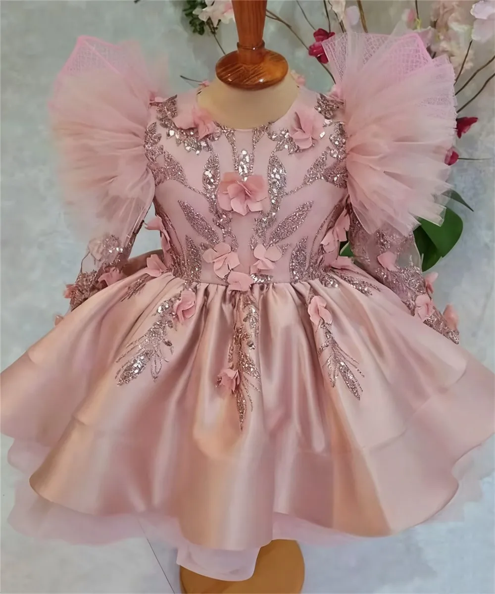 فستان زفاف فتاة الزهور الفاخر المزين بالترتر المخصص مزين بفيونكة زهور بطول كامل لحفلات أعياد ميلاد الأطفال فستان التواصل الأول