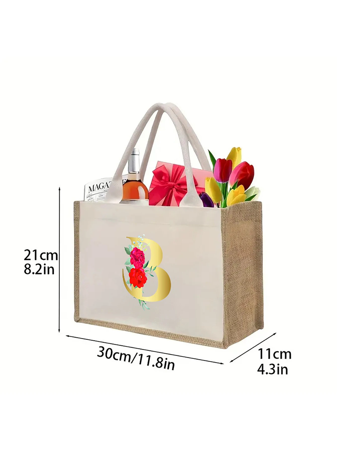 Tote bag shopping bag canvas and jute large capacity simple fashion soft handles golden letters & rose suitable women and men