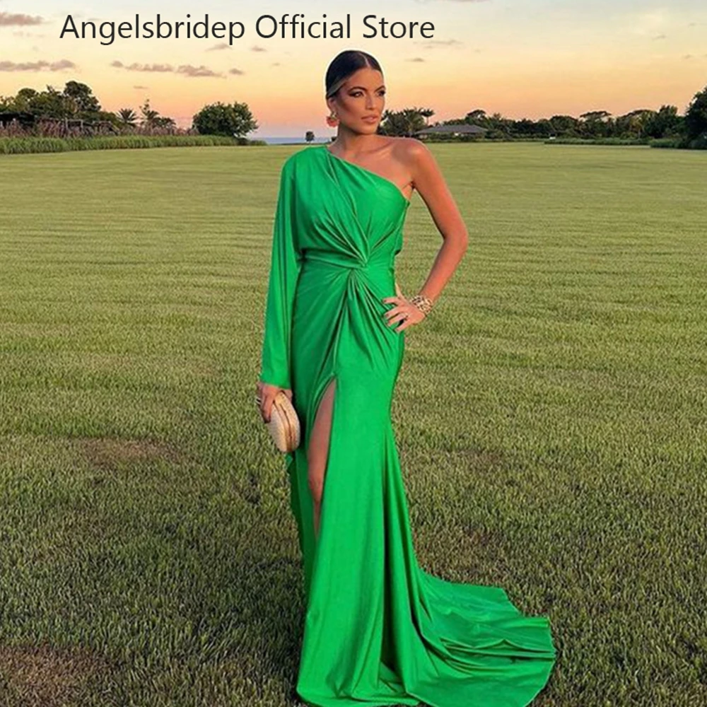 

Angelsbridep Off Shoulder Green Mermaid Prom Dress For Women Leg Slit Evening Party Gowns Fashion Pleat Vestidos De Graduación