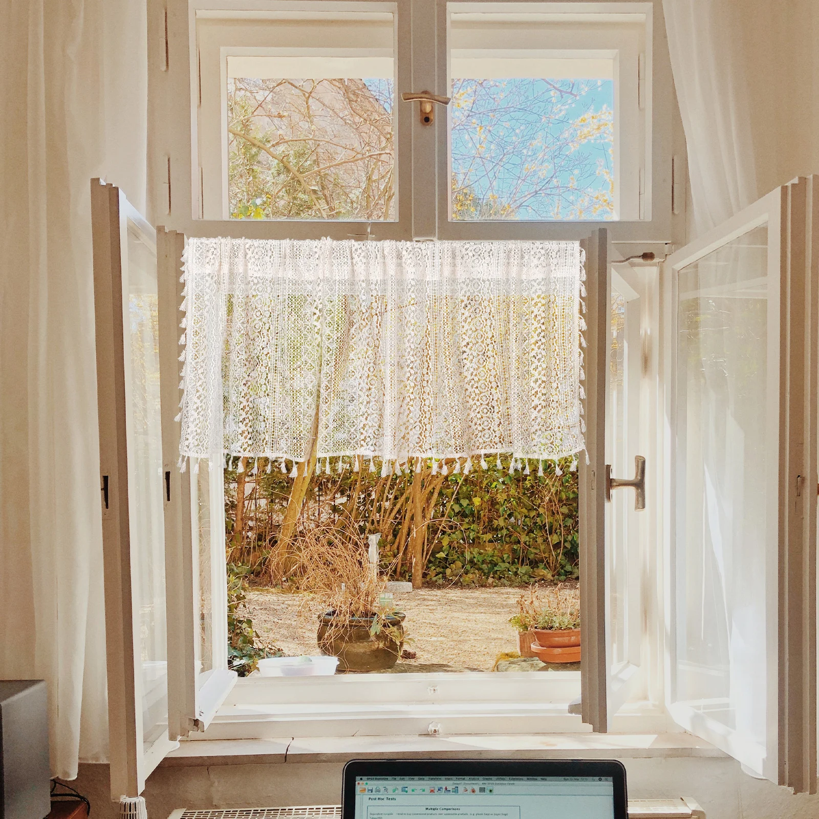 

Lace Hollow Crochet Valance Short Sheer Curtain Tassel Kitchen Window Curtain Farmhouse Rustic Small Window Valance