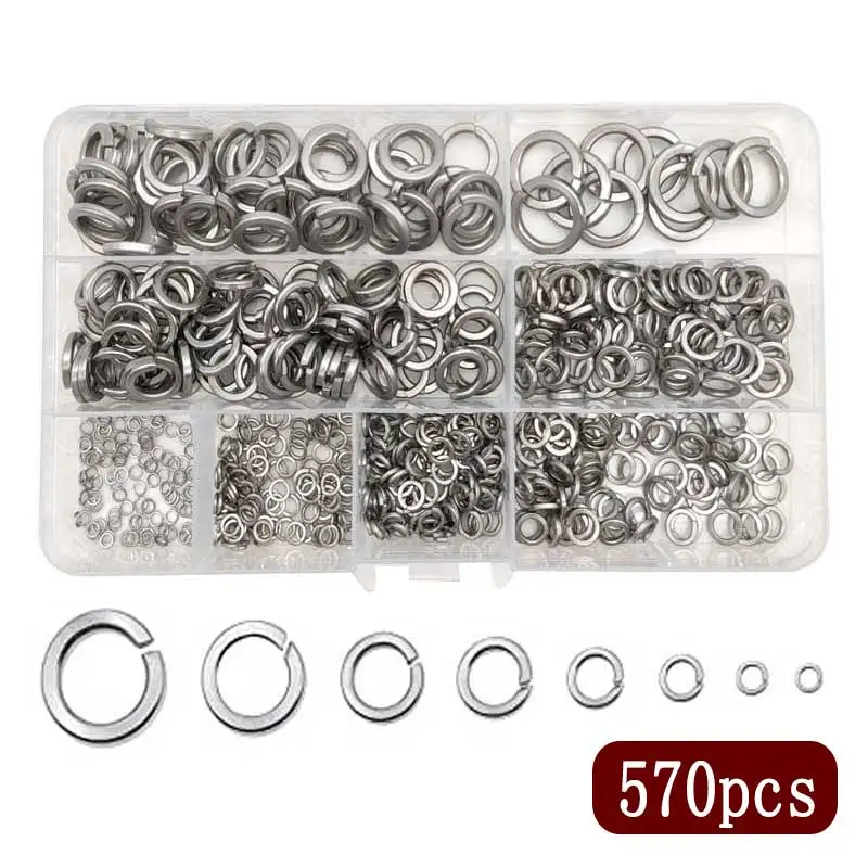 

304 Stainless Steel Spring Lock Washer Assortment Set 570 Pieces M2 M3 M4 M5 M6 M8 M10 M12 Spring Lock Prevent Loose Fasteners