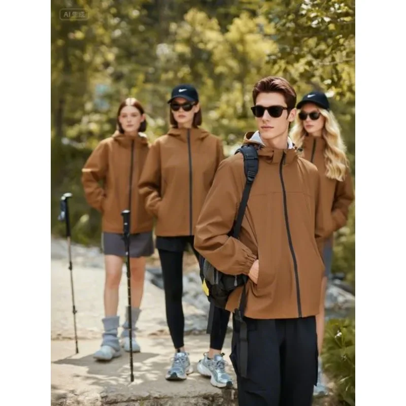 

Мужские и женские весенне-осенние уличные куртки, повседневная ветровка, легкие дышащие коричневые куртки с капюшоном для пешего туризма и путешествий