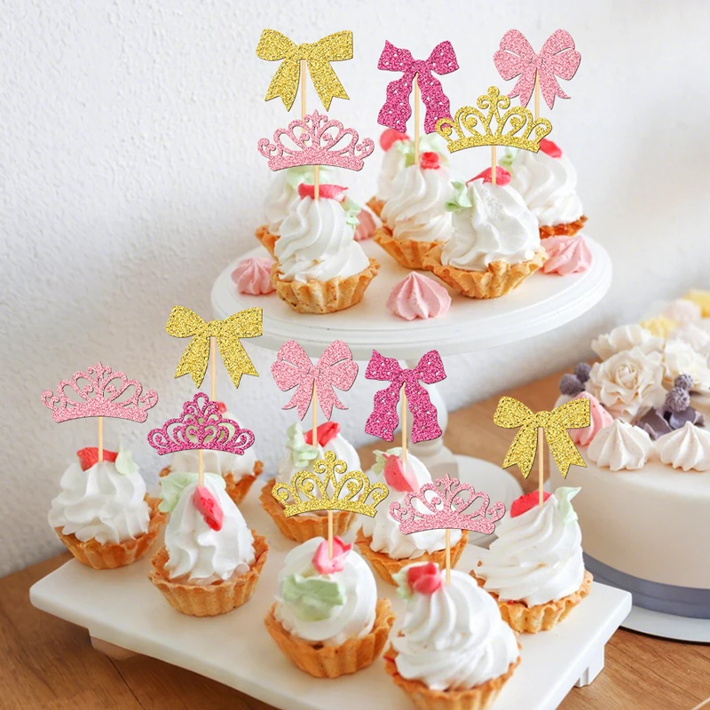 YOMDID 24 Stück elegante Cupcake-Topper, Krone und Schleife, Kuchendekoration, Prinzessin Cupcake-Picks für Geburtstag, Hochzeit, Kuchendekorationen – Detail 11