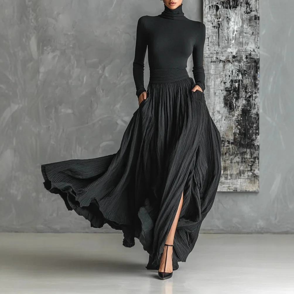 Skirt Suit Women Party 2 Piece Sets Top Pleated Skirt Split Turtleneck Tops Outfits Vintage Elegant Ensemble Spring Summer 2026
