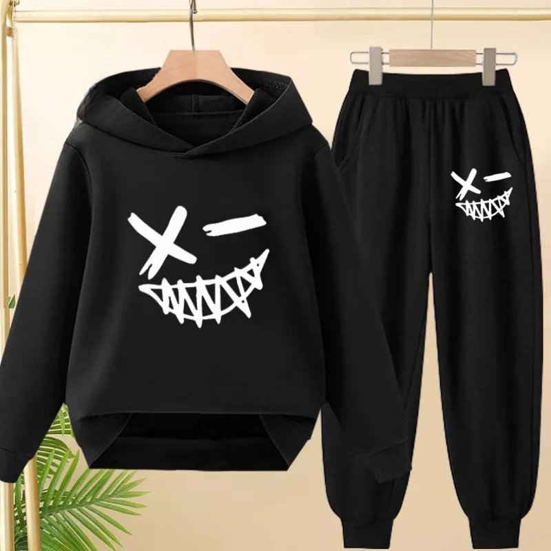 

3-12 Age Children Outerwear Autumn Winter 2 Piece Boy Girl Strange Smiling face Hoodie Trousers Pullover Cute Hooded Sportswear