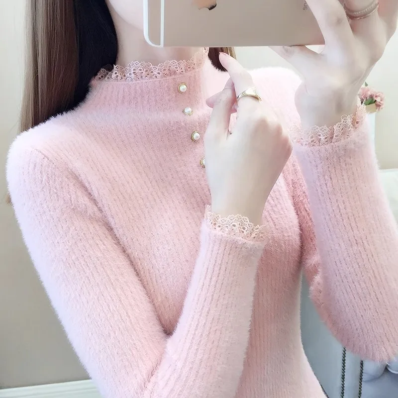 Sueter Feminino dentelle tricoté pull femmes pulls nouveau à manches longues col montant tricot pull haut pour femme tricots Q1800