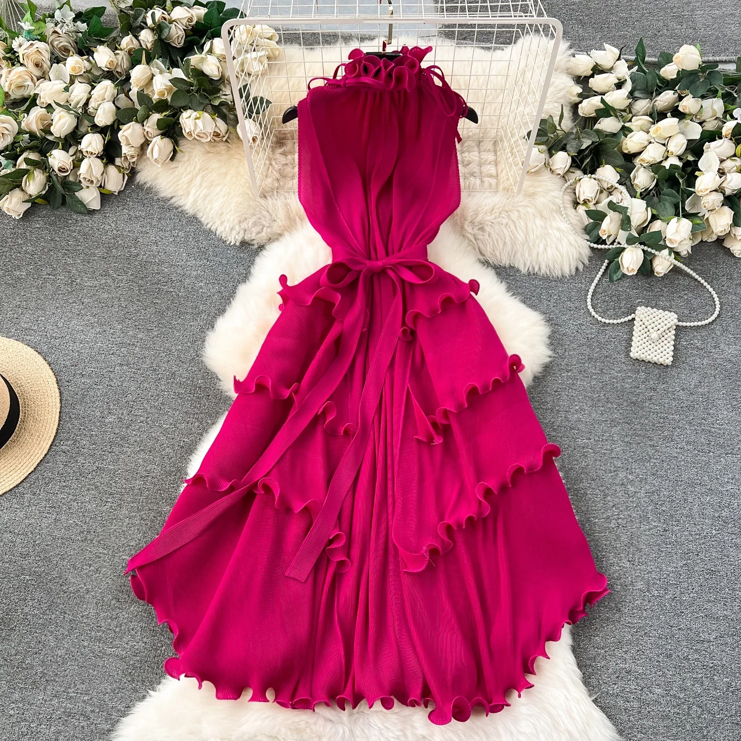 Women'S Sweet Wooden Ear Edge Slim Long Pressed Pleated Chiffon Dress Spring