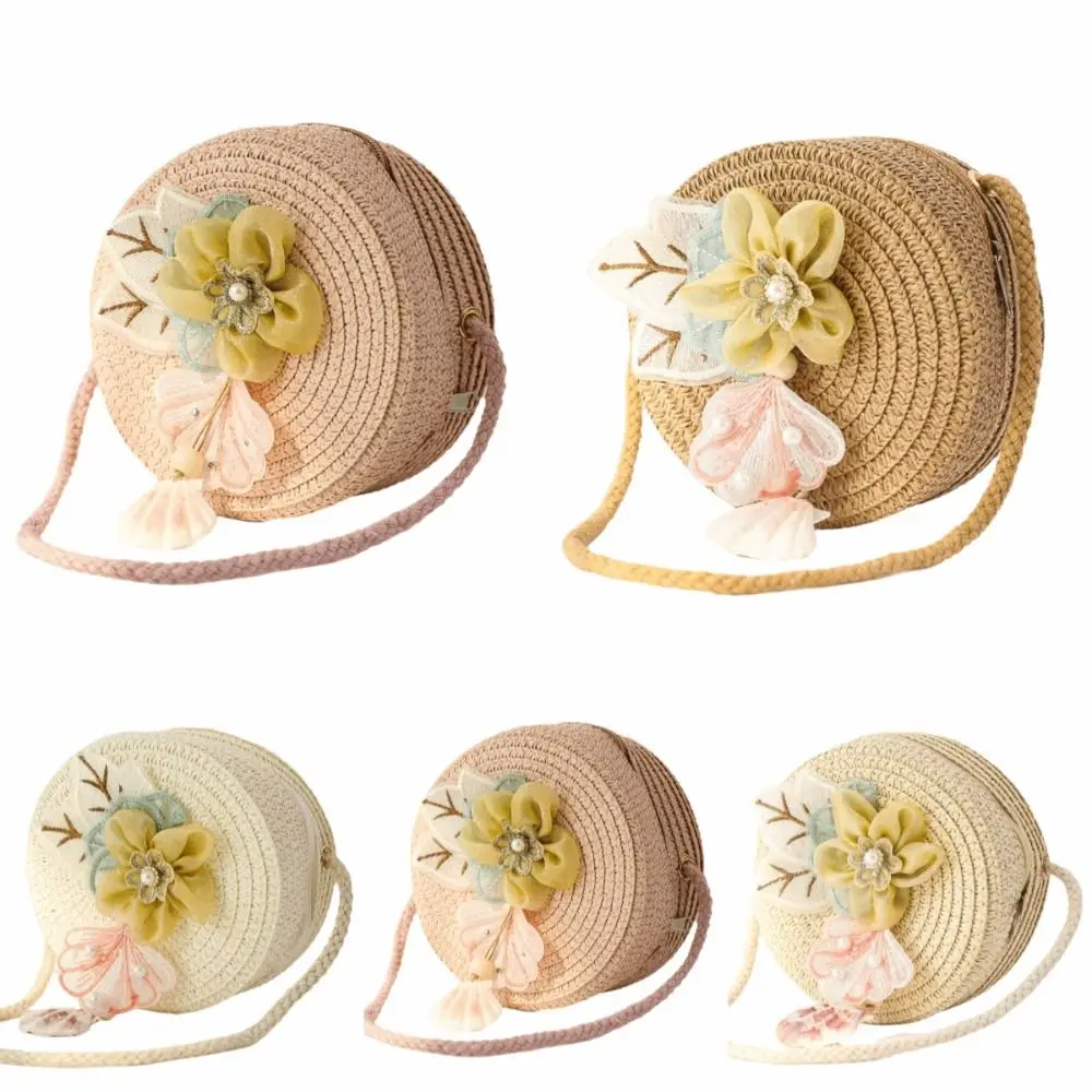 

Crossbody Bag Round Shape Straw Bag Flower Woven Design Princess Handbag Creative Design Handmade Messenger Bag Children Girls