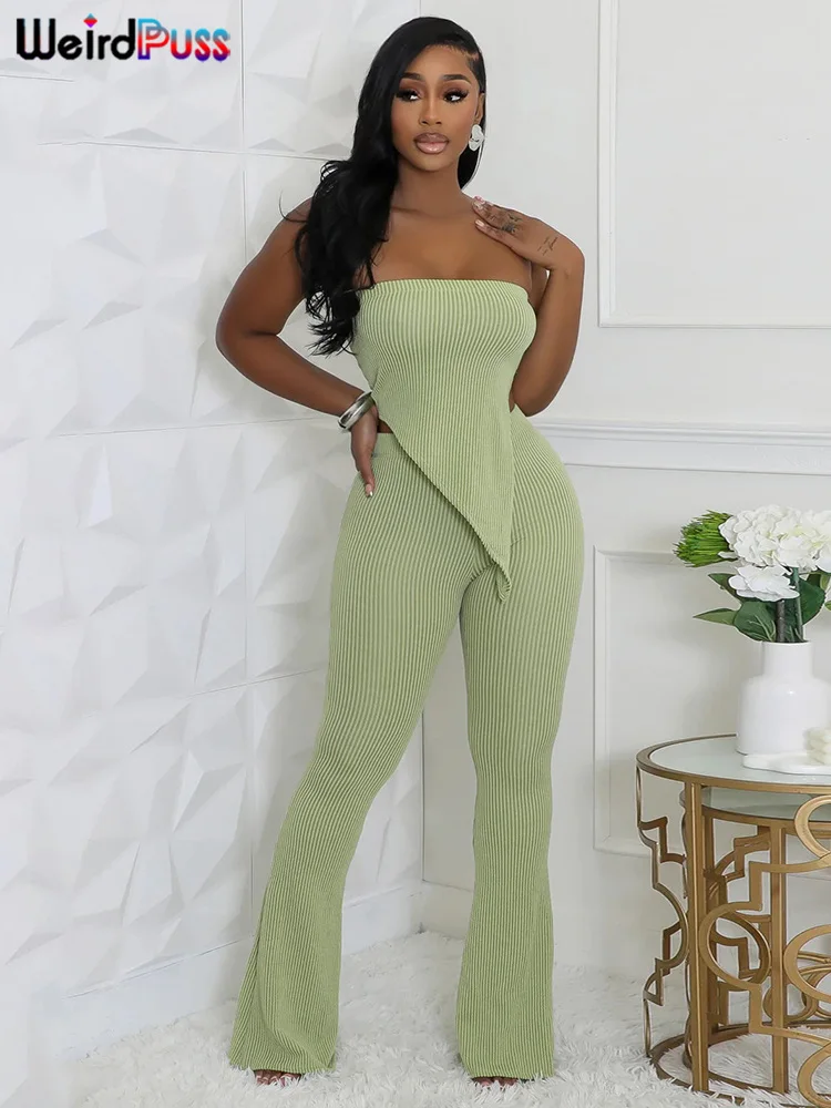 Weird Puss Ribbed Basic Women Tracksuit 2 Piece Set Stretch Irregular Tube Tops+Flare Trousers Skinny Simple Matching Outfits