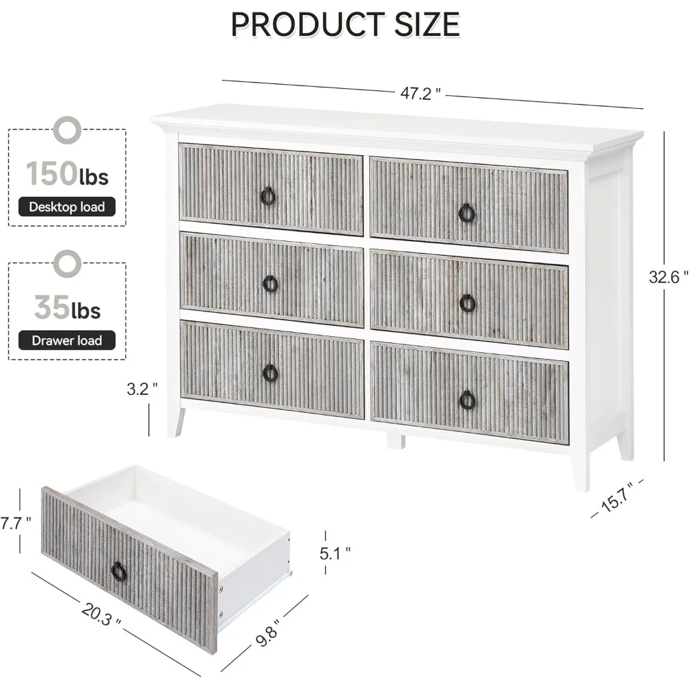 6 Drawer Dresser for Bedroom，Waveform Fluted Dresser Chest with Large Drawer, Wooden Chest of Dresser Storage Cabinet