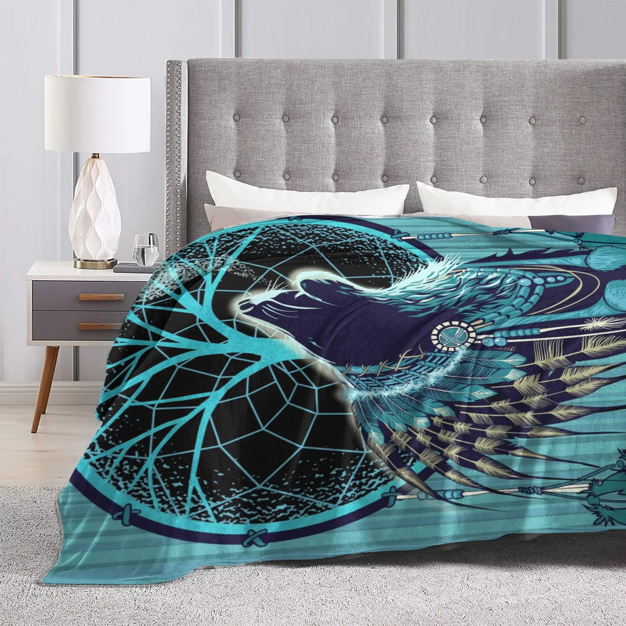 Wolf Indian Shaman Blanket Tree of Life Moon Dreamcatcher Wool Awesome Breathable Throw Blankets for Bedding Lounge All Season