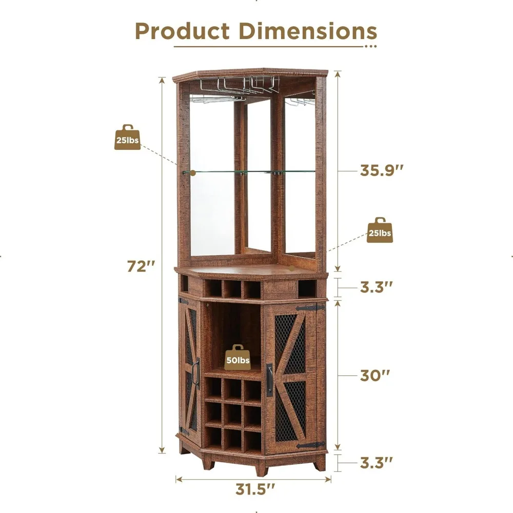 OKD-Armoire de rangement pour bar d'angle, grand meuble de bar à vin de ferme avec porte de grange et étagère réglable, armoire de bar domestique avec lumière LED, 72 po