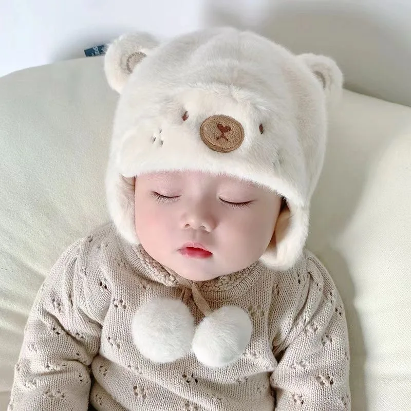 Cute Winter Warm Kids Girl Boys Baby Hats Fleece Wool Hemming Caps with Ball Solid Wool Ear Protection Hats Soft Newborn Bonnet