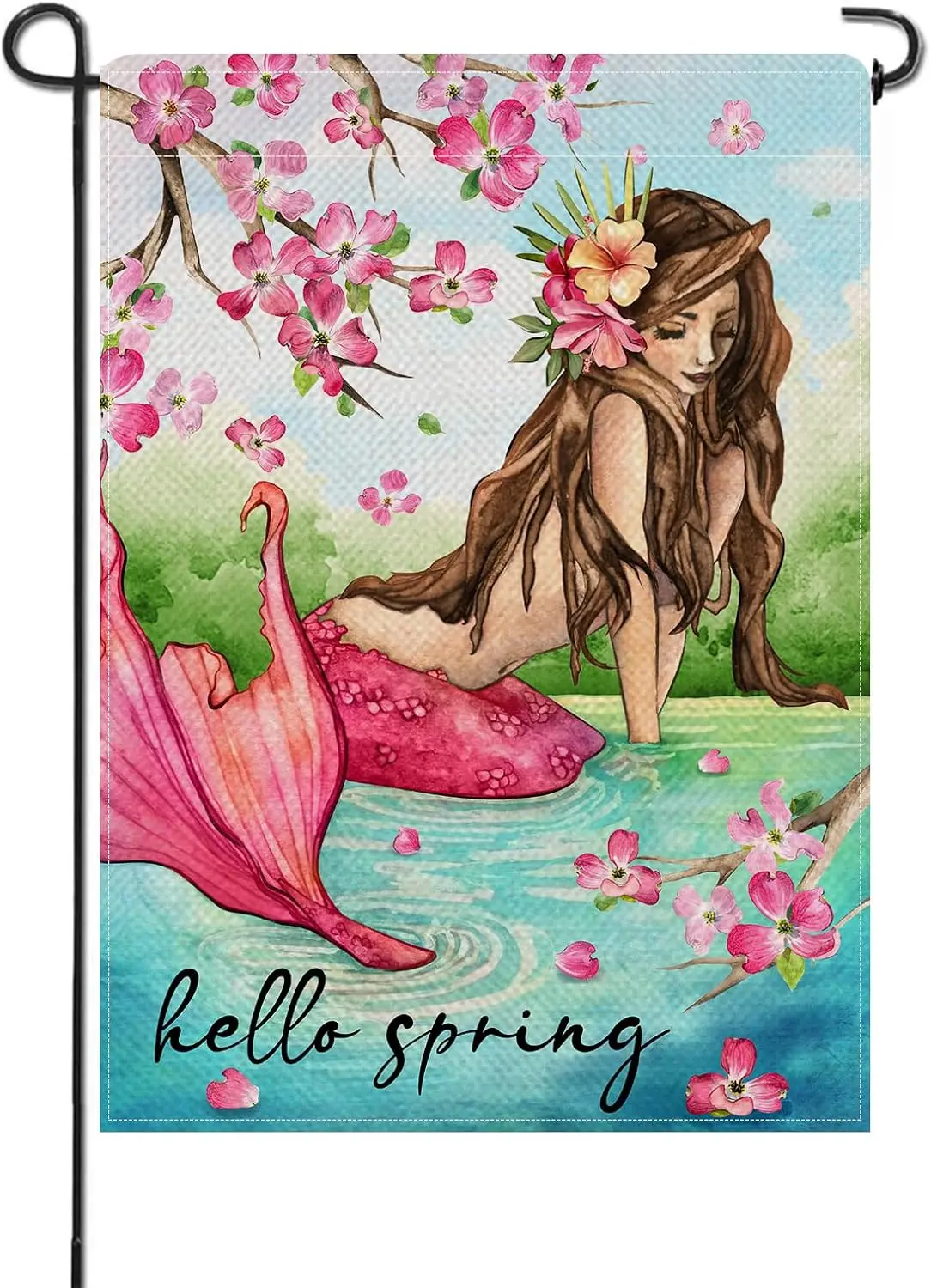 Hello Spring Lake Mermaid Small Decorative Garden Flag, Pink Floral Flower Coastal Yard Lawn Outside Decor, Beach Burlap Outdoor