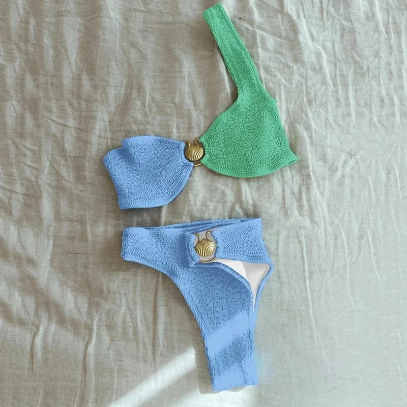 One Shoulder Bikinis Women Split Bathing Suit Fashion Color Block Triangle Bikini Set Swimsuit 2026 Beachwear Brazilian Swimwear