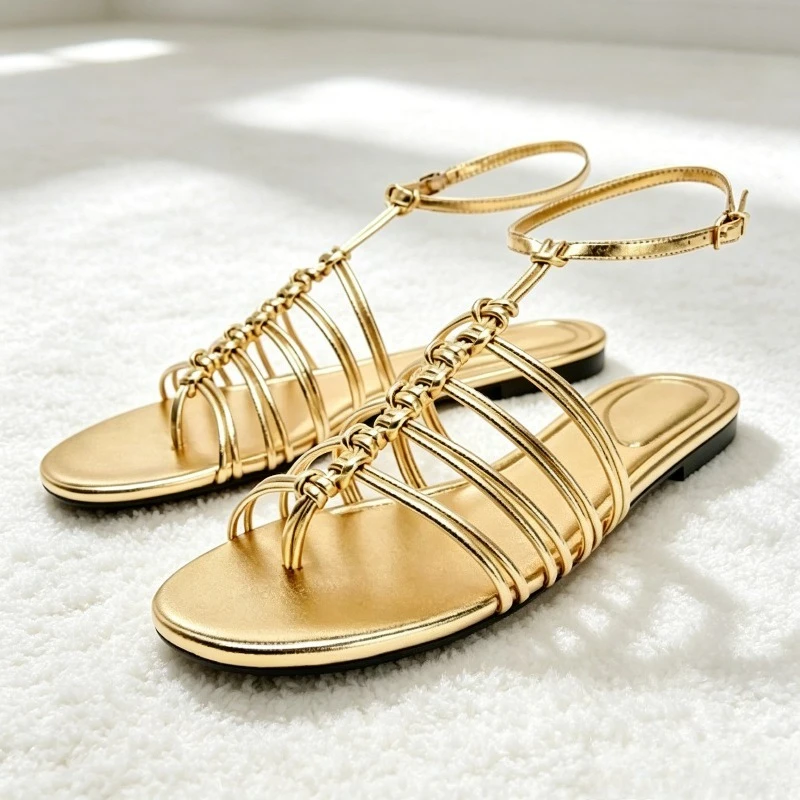 

Luxury Metallic Effect Flat Sandals Women Fashion Cross Tied Gladiator Sandals Elegant Ankle Strap Buckle Clip Toe Flip Flops