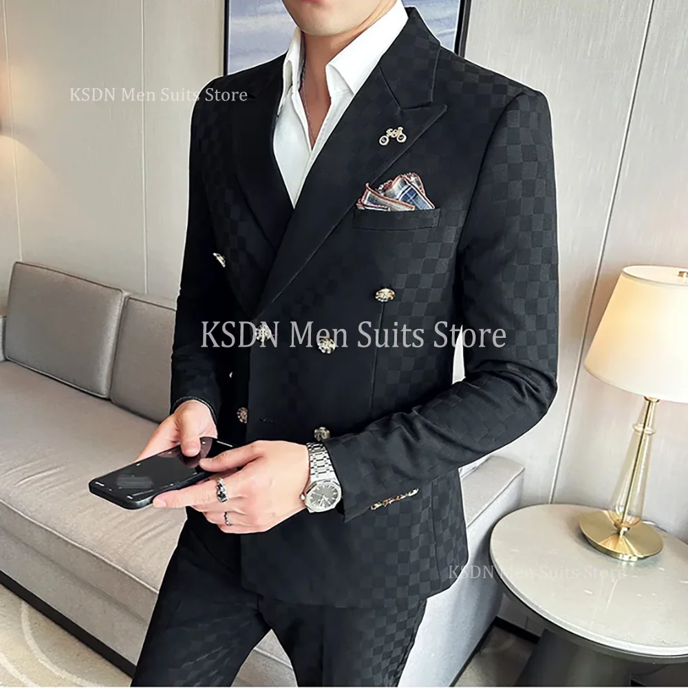 Classic Black Peak Lapel Men's Suits Fashion Chic Double Breasted Slim Fit 2 Pieces Formal Dinner Party Wedding Groom Outfits