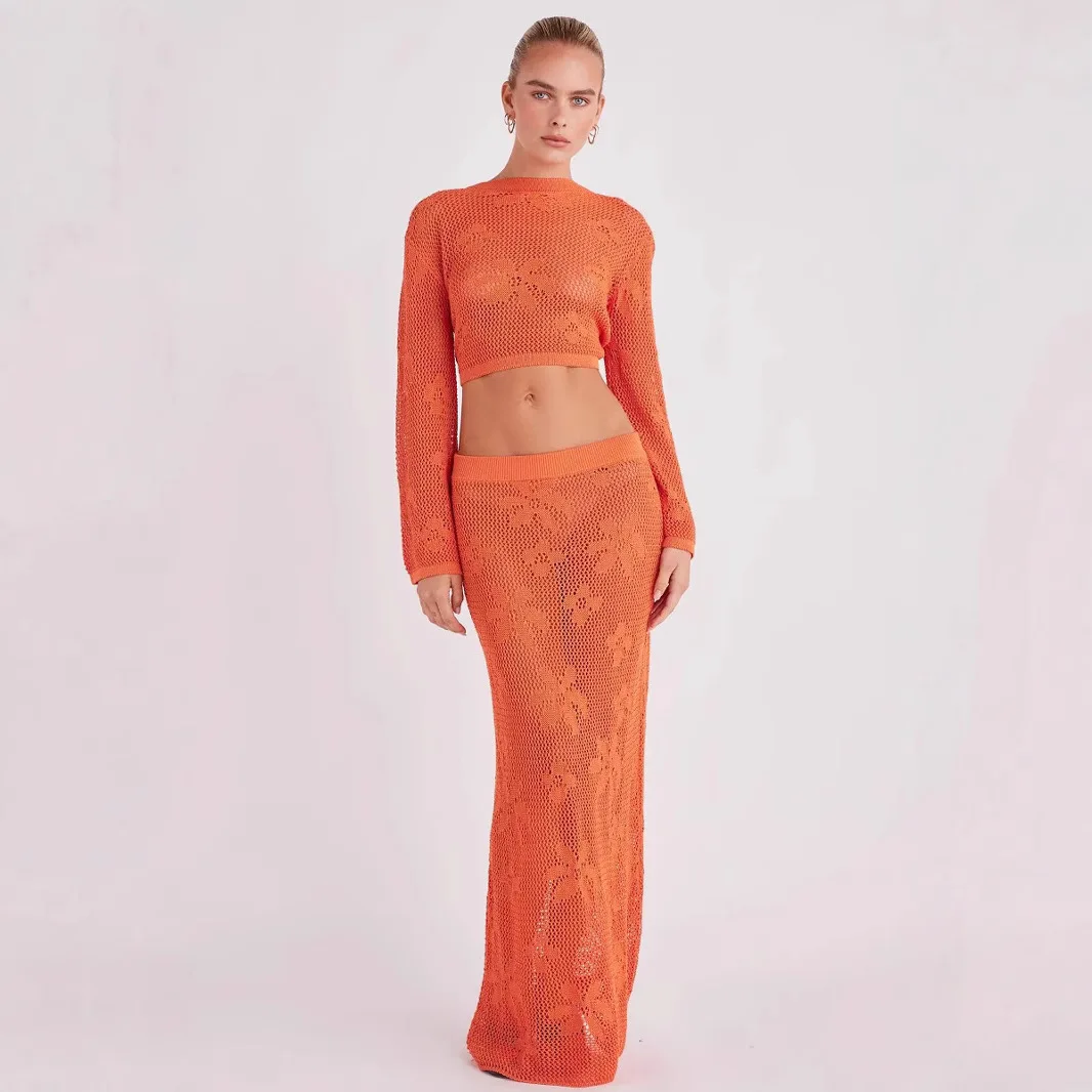 Hollow Long Sleeve Knitted Two-piece Set Short Top Beach Erotogenic Skirt Fashion Set Lace Party Bandage Elegant