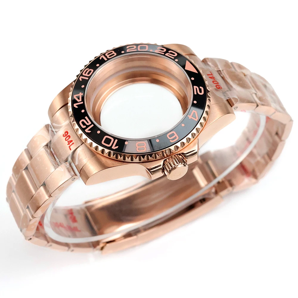 40MM Rose Gold Watch Case Waterproof Sapphire Glass For NH35 NH36 NH38 Movement GMT SUB Yacht-Master Case Brushed Oyster Strap
