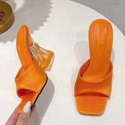 New Summer Green Women's Shoes Slippers Silky Wide Band Transparent Strange High Heels Comfortable PU Leather Slides Sandals