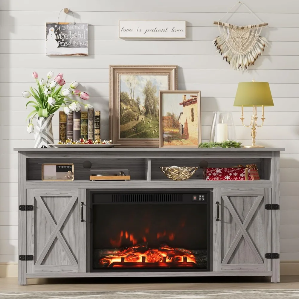 

Fireplace TV Stand for TVs Up to 65 Inch Entertainment Center with Open Storage and Side Cabinets Rustic Media Console Table