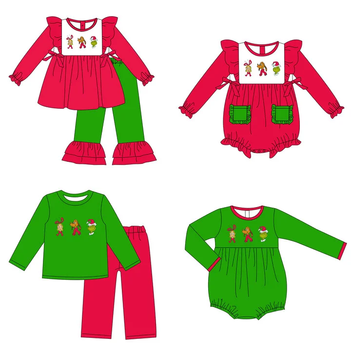 New Christmas boutique children\'s set long-sleeved lace Christmas hat printed trousers lace girls boys trousers set baby romper