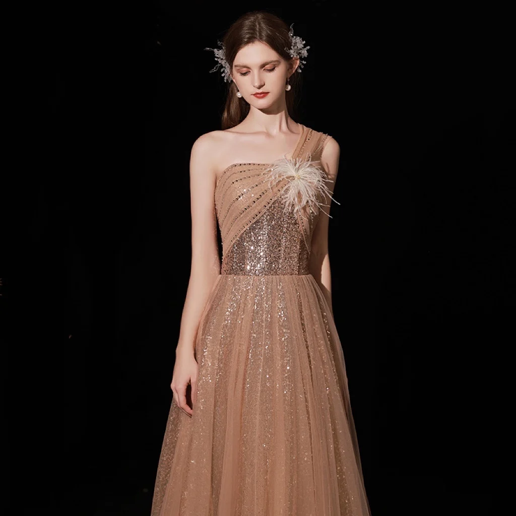 

Champagne Golden Evening Dress One Shoulder Luxury Feather A-line Sequined Beading Floor-length Backless Lace Up Prom Gown New