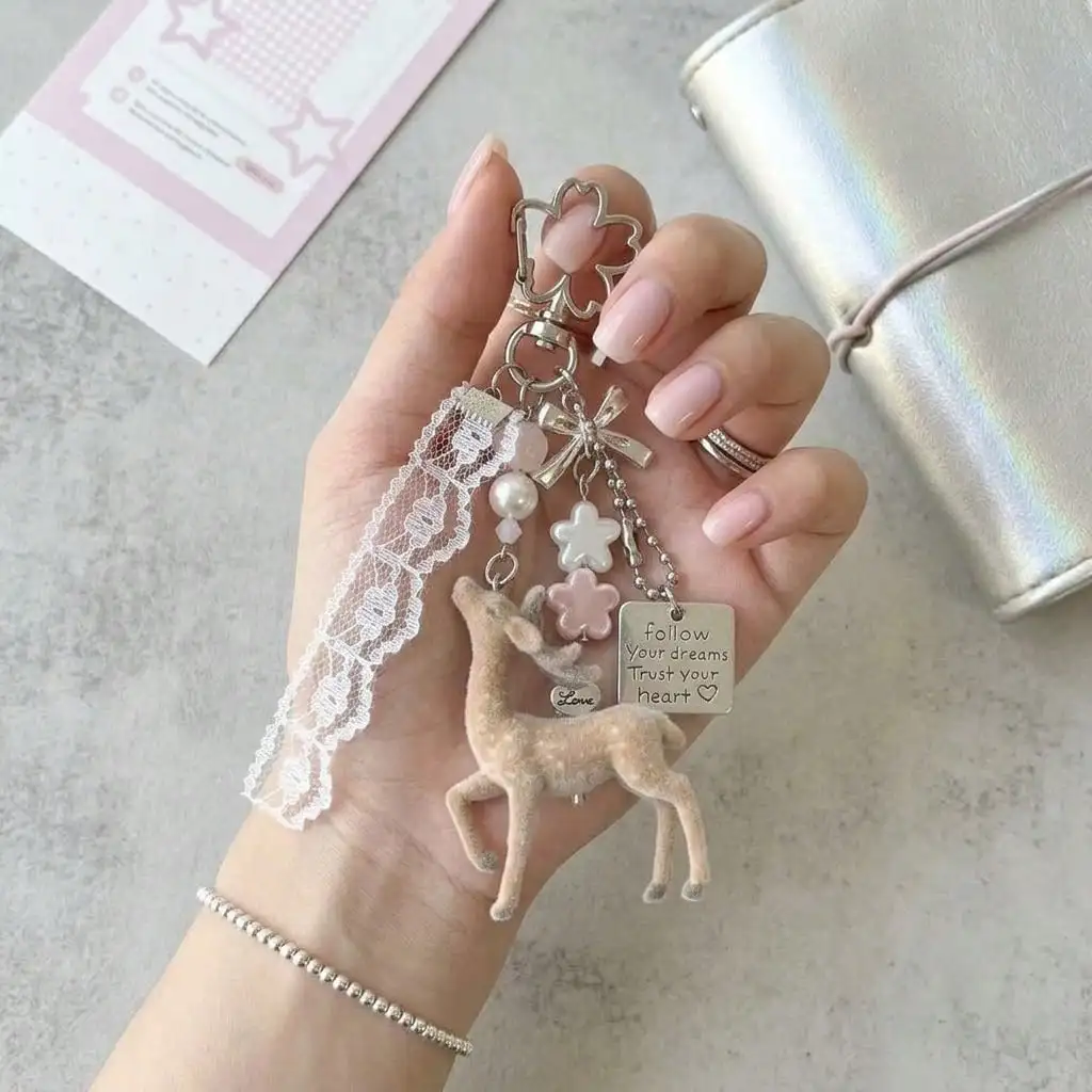 Deer Keychain Pendant, Lace Pearl Bow Bag Charm, Korean Sweet Clover Backpack Hanging Chain, Y2K Girly Style Gift sg260624115218095716528
