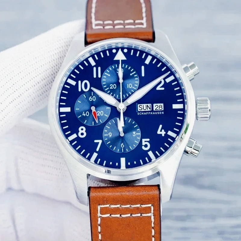 Classic Big Pilots Mens Mechanical Watches Premium 904L Stainless Steel Case Vintage Blue Brown Tone Exquisite Coloring Design
