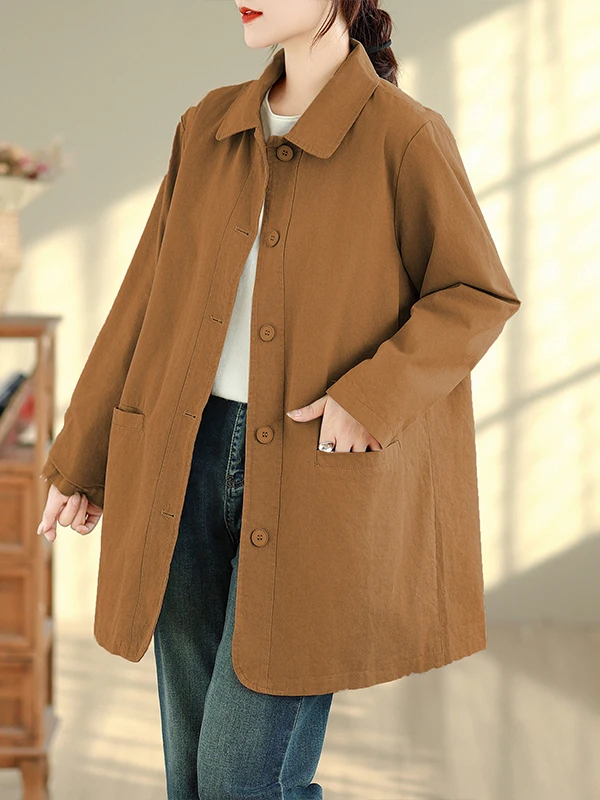 Casual Long Sve Pure Color Windbreaker Double ket Single Button Turn-down Collar Loose Fit Autumn Outerwear for plus Si...