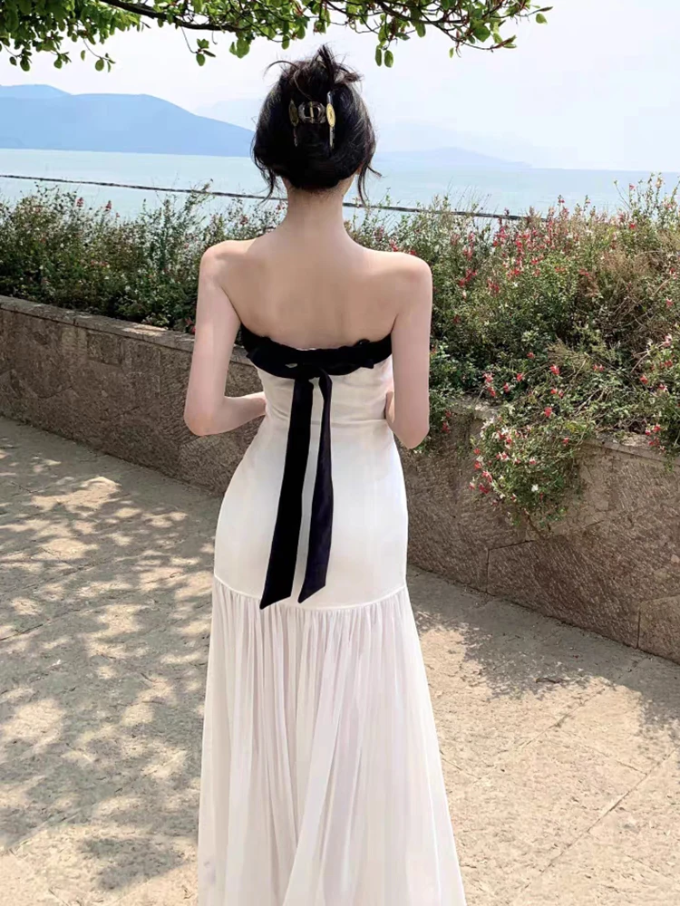 RORIRI Desire Sheer Mesh Stitch Corset Jurk Vrouwen Retro Contrast Backless Boog Slanke Bodycon Lange Jurk Vakantie Zomer Kleding